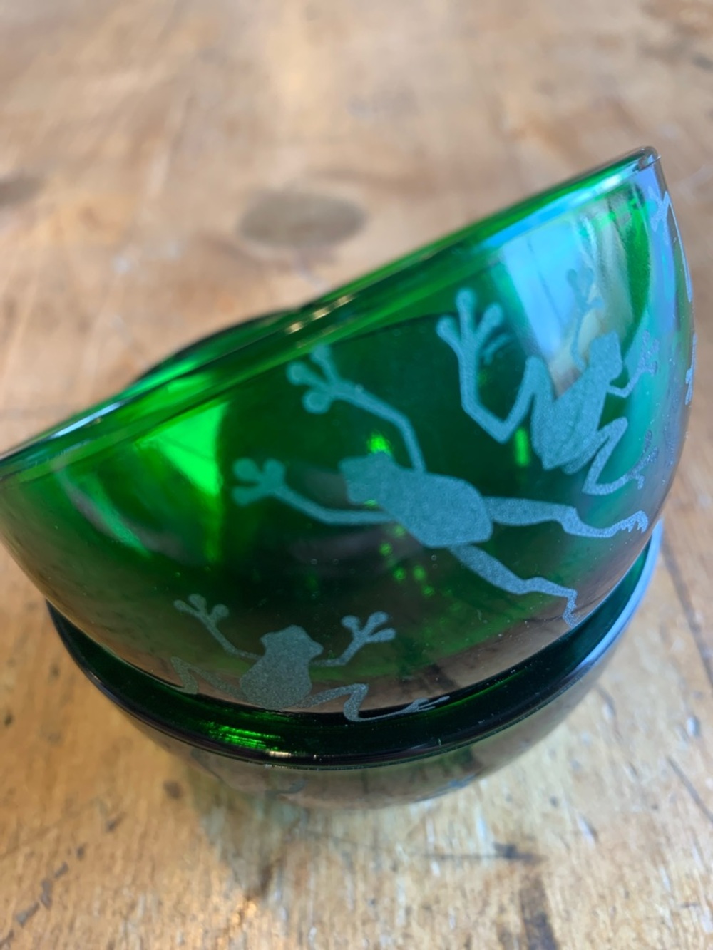 Hand-Blown Emerald Green Etched Glass Bowl Set – Decorative Accent